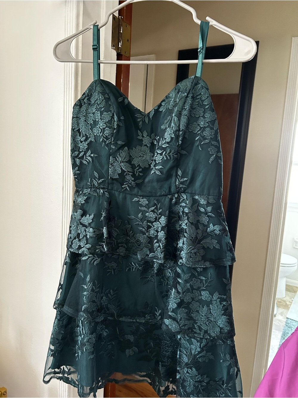 Emerald Green Satin Dress with lace overlay. Formal, party